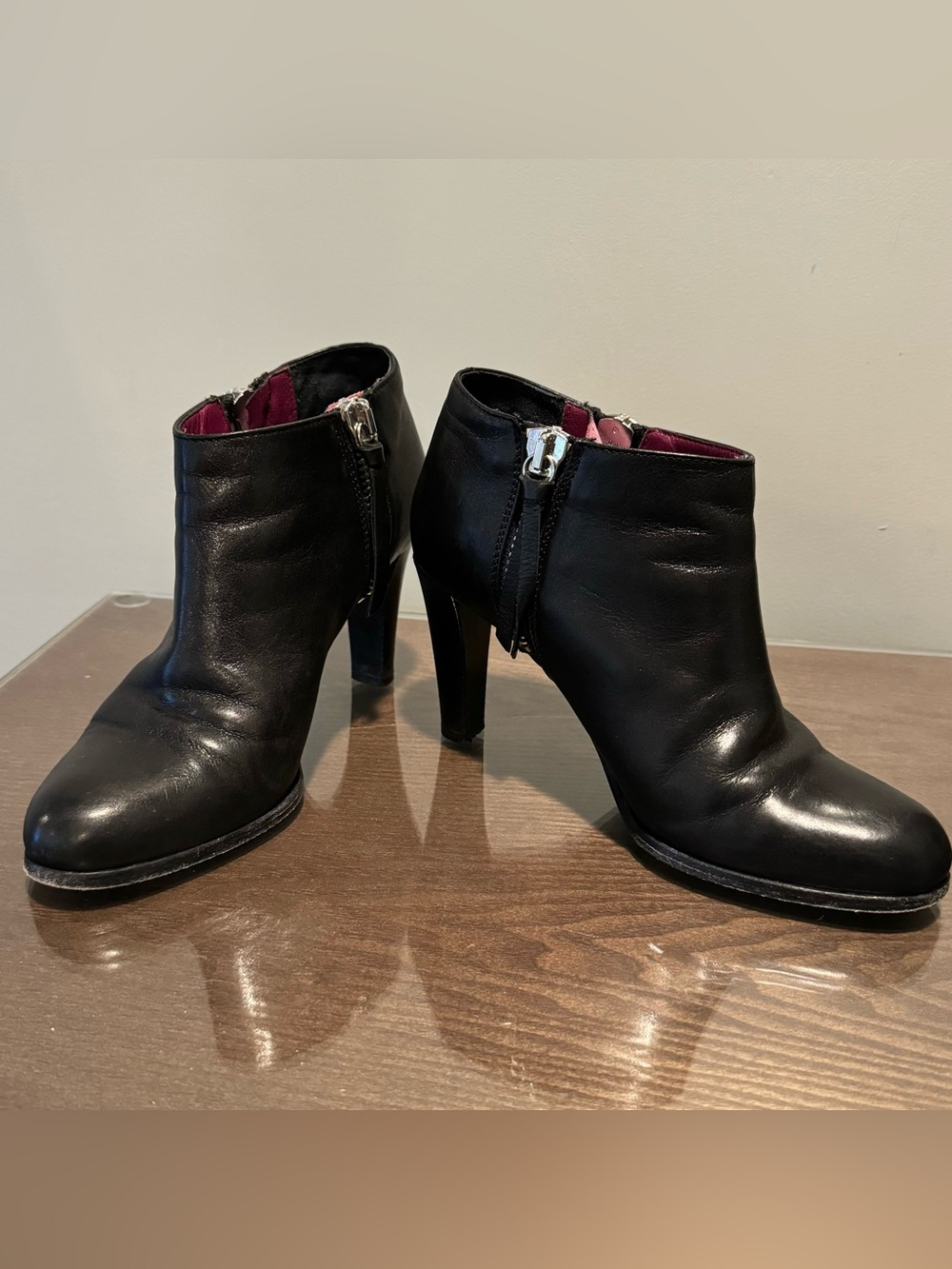 Retro Coach Black Leather High Heel Ankle Booties with Silver Zippers!